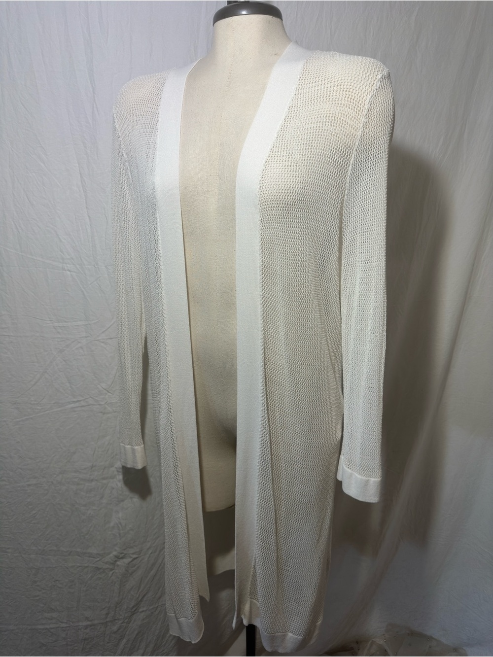 Chico’s Travelers White Open Front Cardigan Lightweight Mesh Knit Sz 1